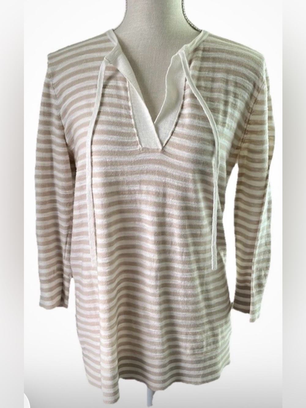 LOFT Khaki/White Striped 3/4 Sleeve Top w/ Ties